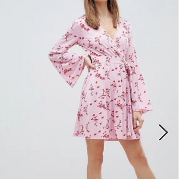 Pink Wrap Mini Skater Floral Dress - Picture 1 of 3